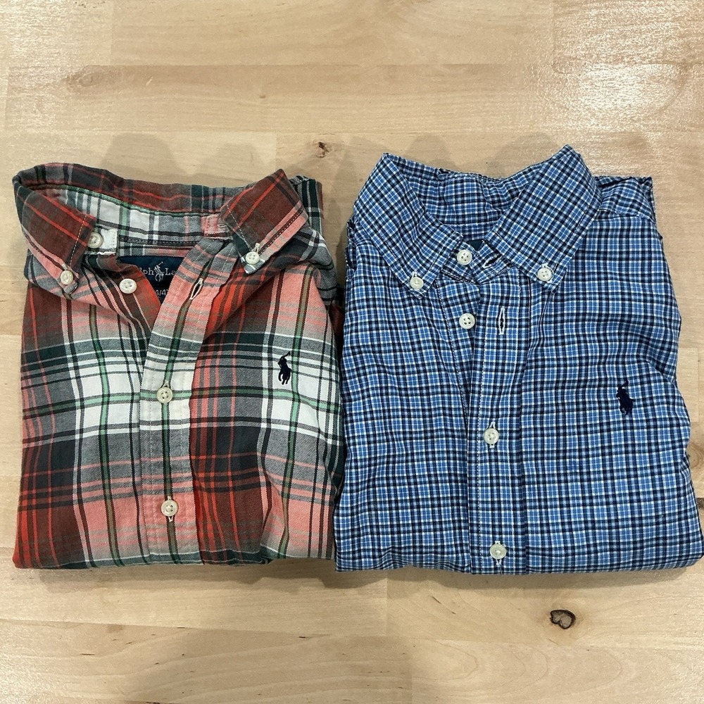 Ralph Lauren Boys Button Down Shirt Lot Of 2 L / S Sz 4 4T Red Blue Plaid Preppy